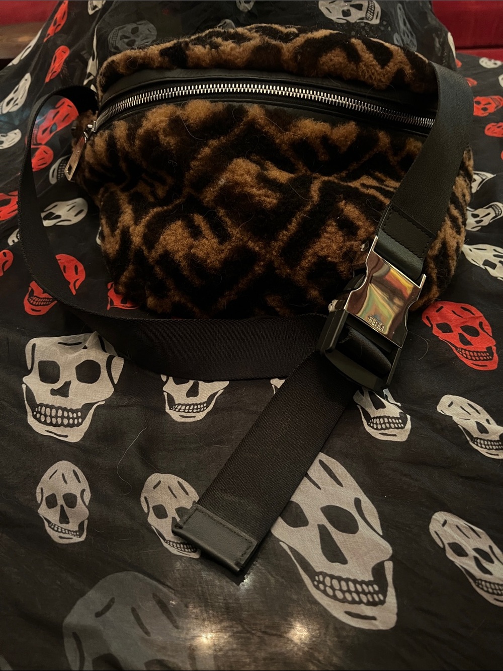 Fendi Zip Waist Bag Zucca Shearling Brown